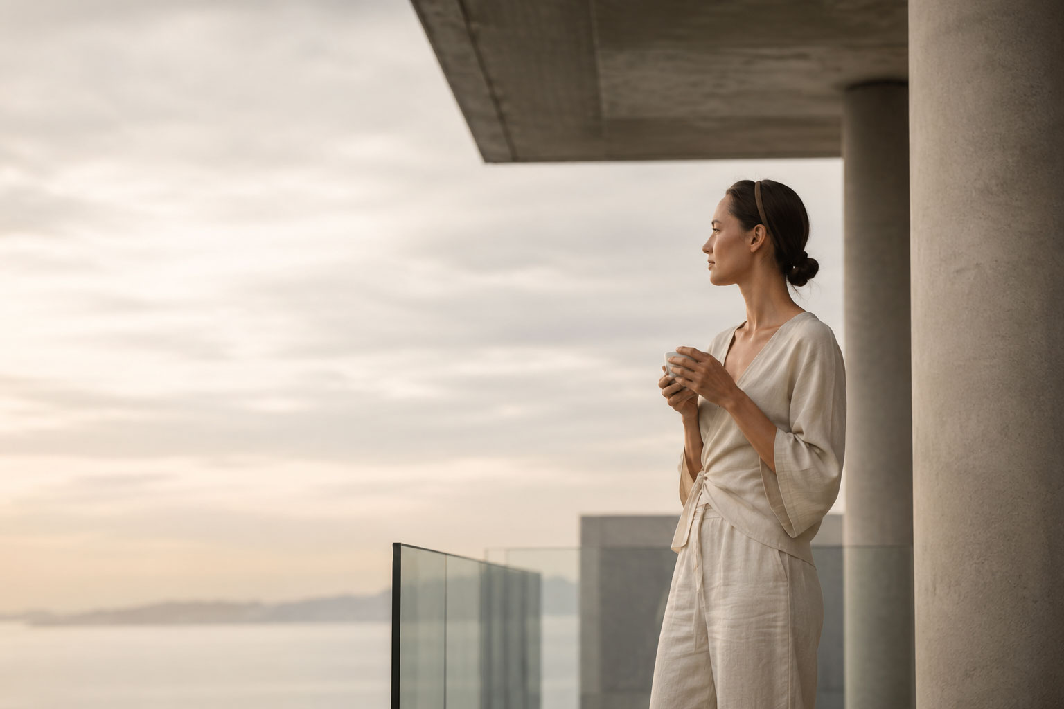 A woman sitting quietly by the sea in soft morning light