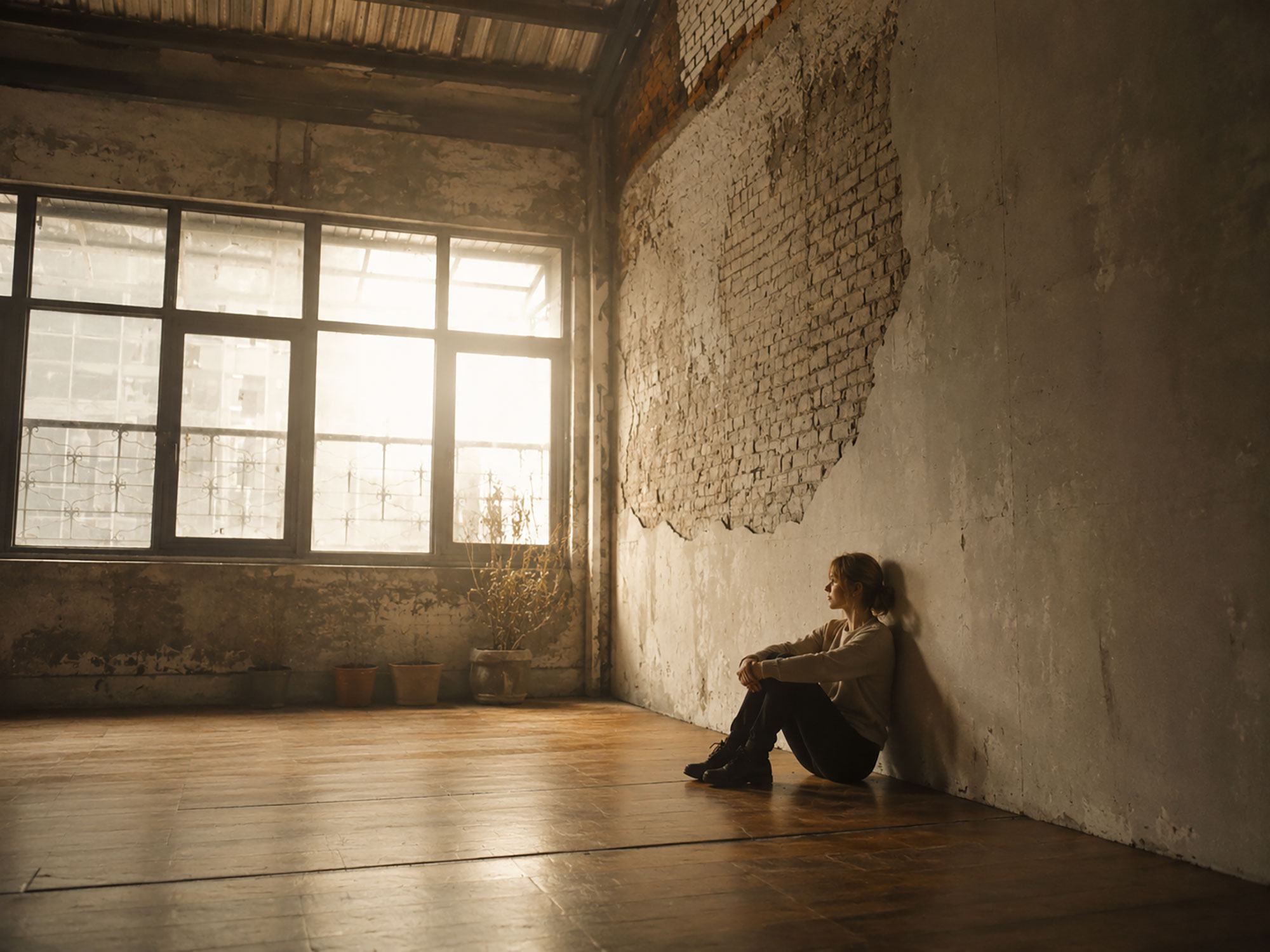 A woman sitting quietly by the sea in soft morning light